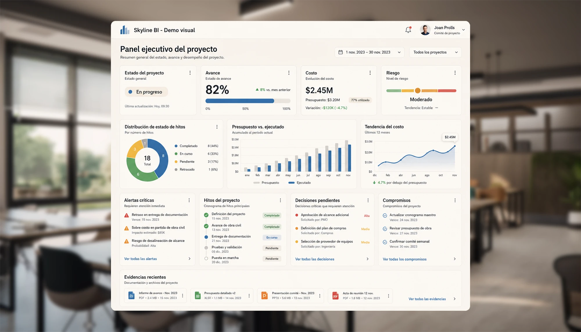 Mockup de Skyline BI con tablero ejecutivo de avance, riesgos, costos, hitos y decisiones de proyecto.